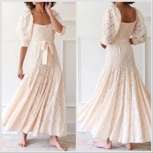 NWT Mille Cecile Floral Cream Vanilla Lace Belted Maxi Dress Sz Small